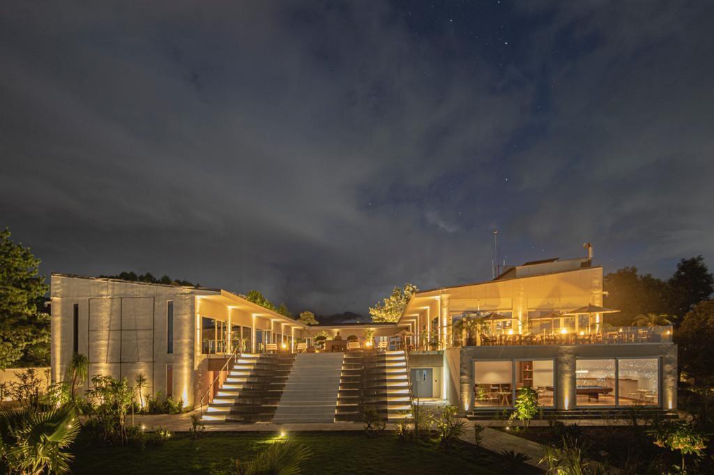The Terraces main building at night